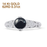 14K White Gold Round Antique Style Natural Black Onyx Diamond Ring