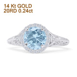 14K White Gold Round Halo Filigree Natural Aquamarine Diamond Ring