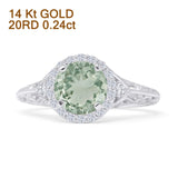 14K White Gold Round Halo Filigree Natural Green Amethyst Prasiolite Diamond Ring