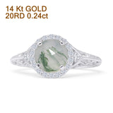 14K White Gold Round Halo Filigree Natural Green Moss Agate Diamond Ring