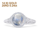 14K White Gold Round Halo Filigree Natural Moonstone Diamond Ring
