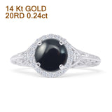 14K White Gold Round Halo Filigree Natural Black Onyx Diamond Ring