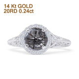 14K White Gold Round Halo Filigree Natural Rutilated Quartz Diamond Ring