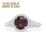 14K White Gold Round Halo Filigree Natural Chocolate Smoky Quartz Diamond Ring