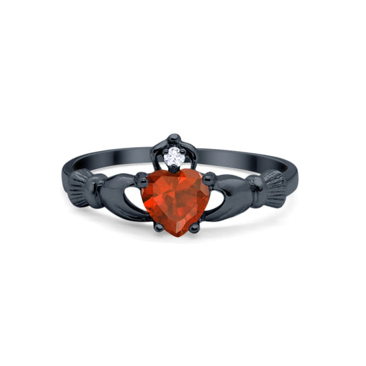 Heart Shape Black Tone, Simulated Garnet CZ Claddagh Wedding Ring