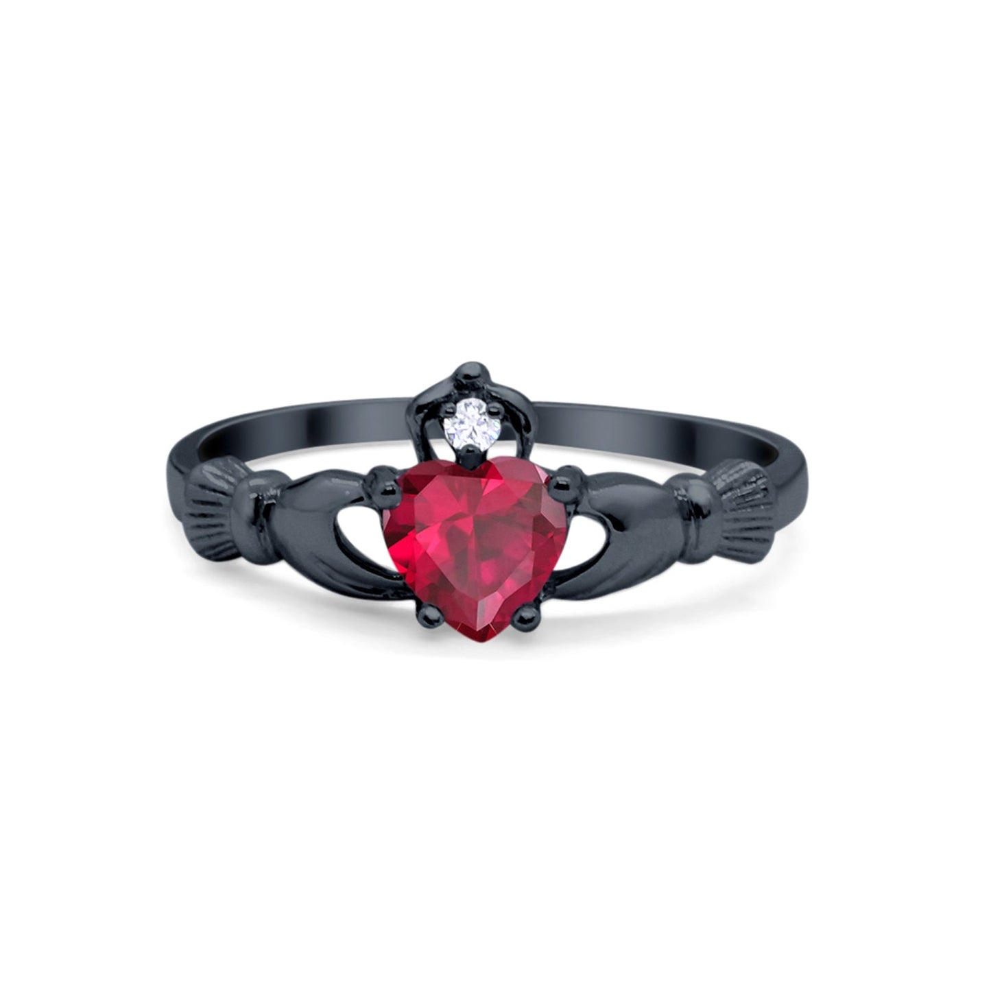 Irish Claddagh Heart Promise Ring Black Tone, Simulated Ruby CZ