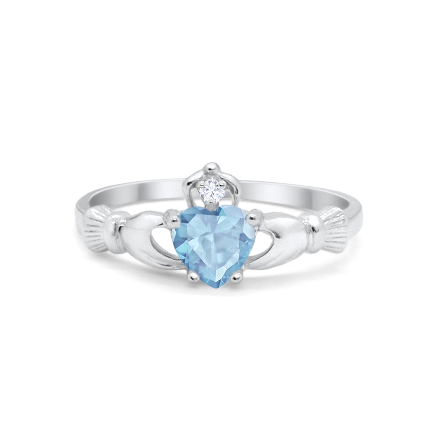 Heart Shape Simulated Aquamarine CZ Claddagh Wedding Ring