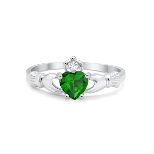 Heart Shape Simulated Green Emerald CZ Claddagh Wedding Ring