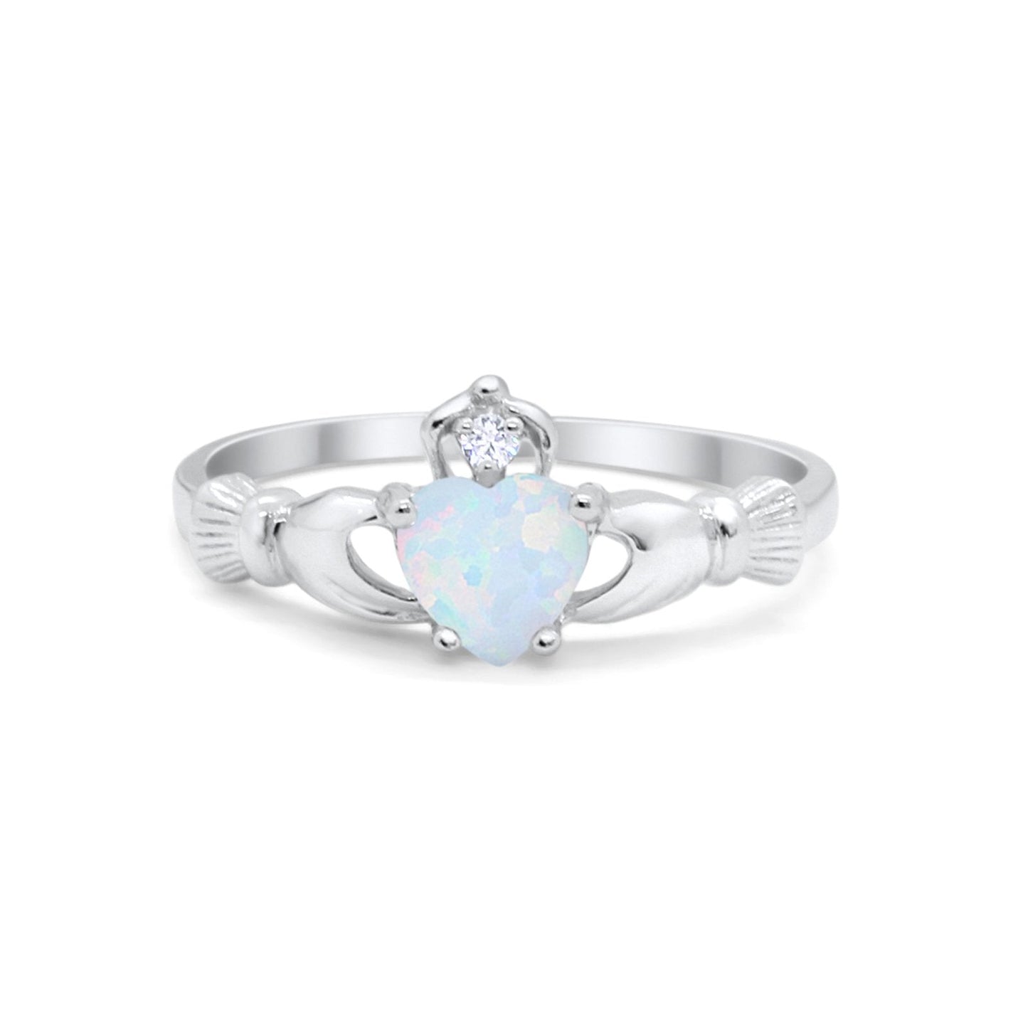 Heart Shape Lab Created White Opal Claddagh Wedding Ring