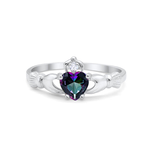 Heart Shape Simulated Rainbow CZ Claddagh Wedding Ring