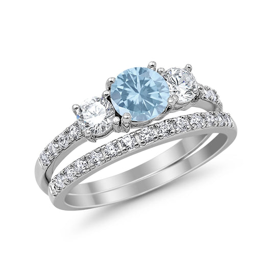 3-Stone Wedding Bridal Piece Ring Round Simulated Aquamarine CZ