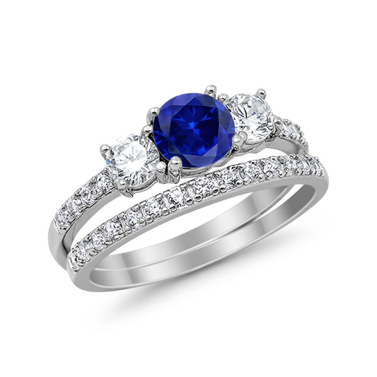 3-Stone Round Simulated Blue Sapphire Cubic Zirconia Wedding Bridal Set Ring