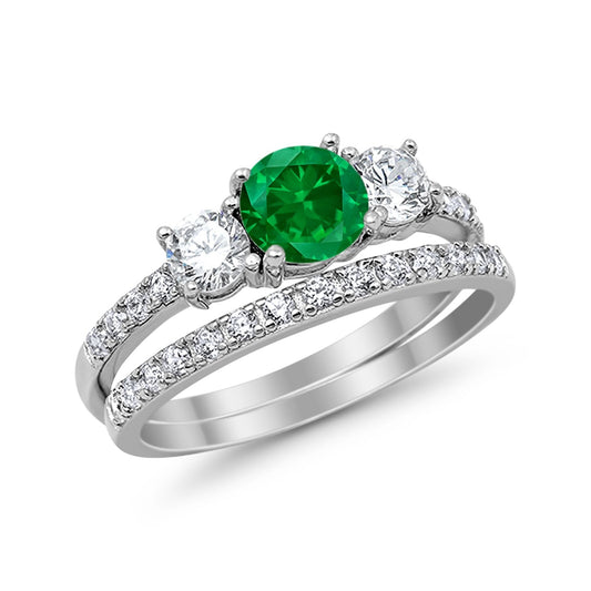 3-Stone Wedding Bridal Piece Ring Round Simulated Green Emerald CZ