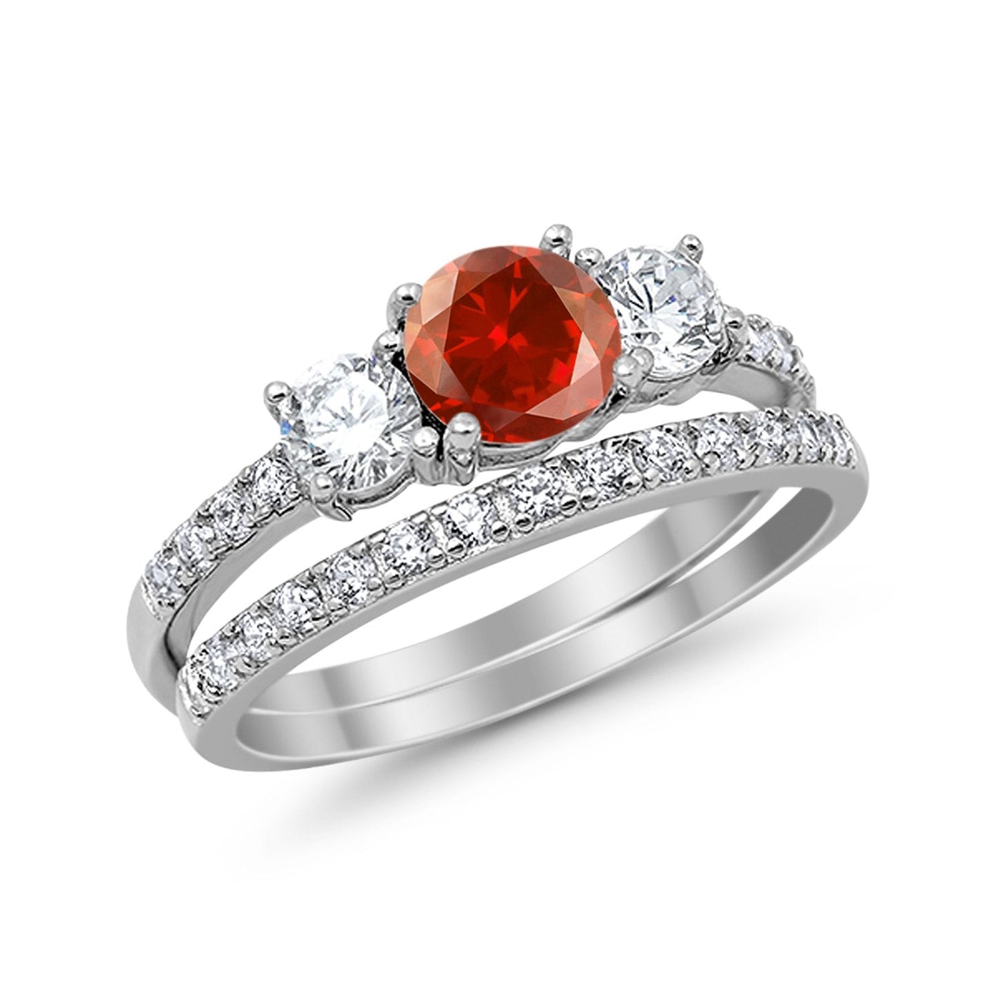 3-Stone Wedding Bridal Piece Ring Simulated Garnet CZ