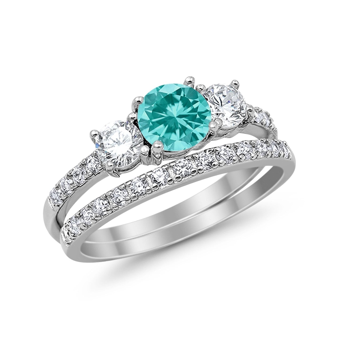 3-Stone Wedding Bridal Piece Ring Simulated Paraiba Tourmaline CZ