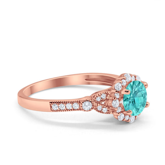 Floral Art Deco Engagement Ring Rose Tone, Simulated Paraiba Tourmaline CZ