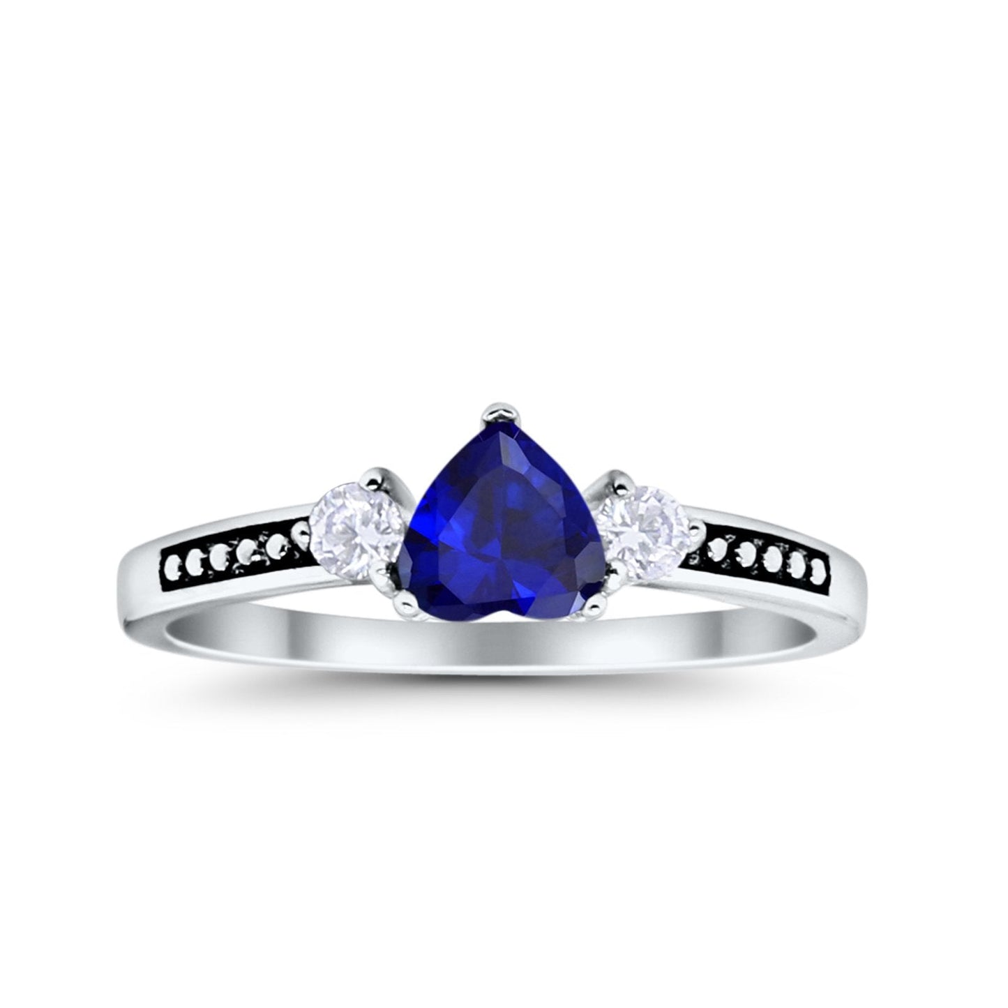 Heart Promise Ring Simulated Blue Sapphire CZ Black Accent