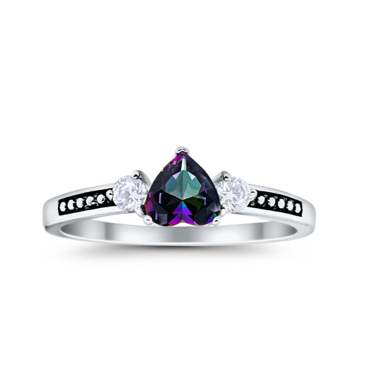 Heart Promise Ring Simulated Rainbow Topaz Black Accent