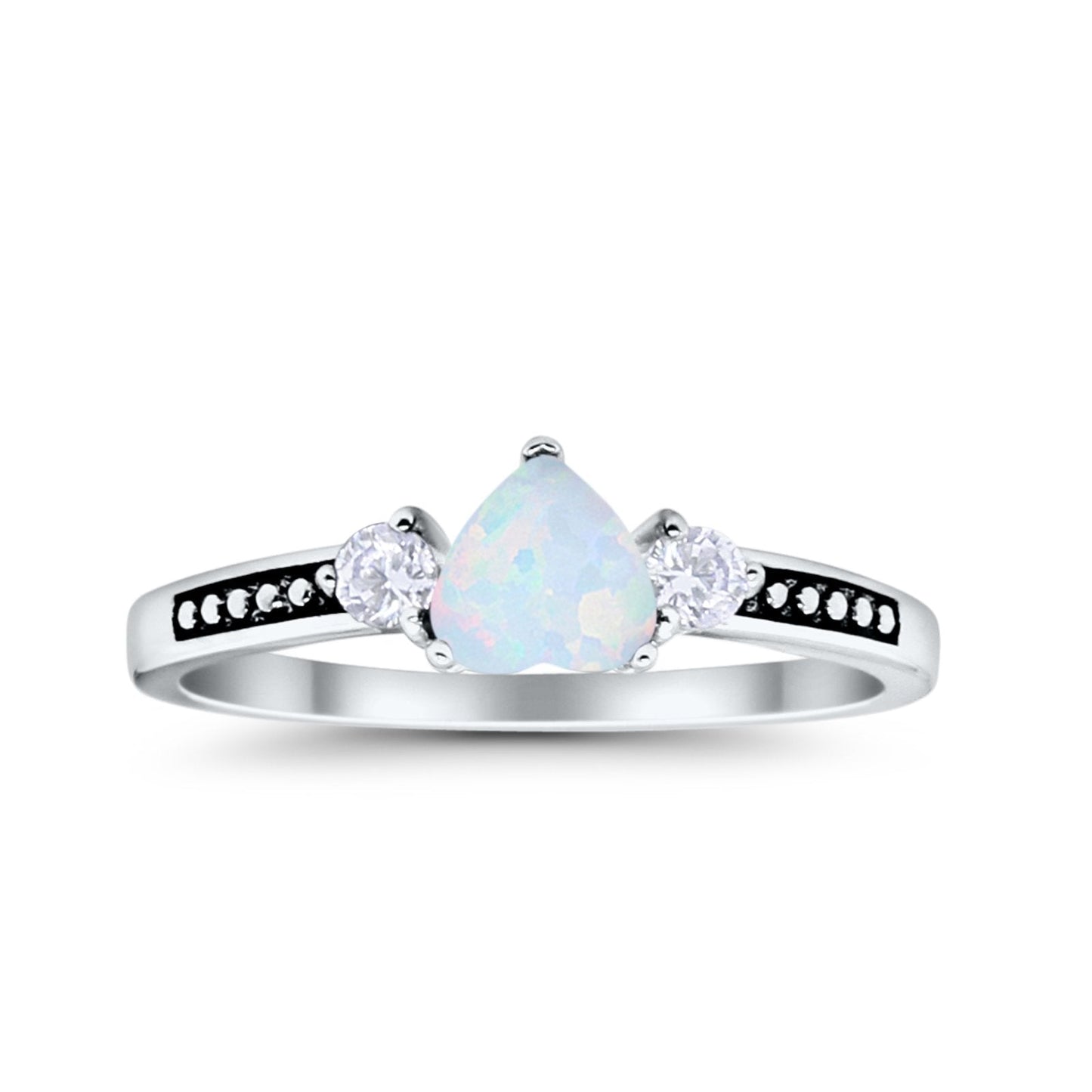 Heart Lab Created White Opal Black Accent Promise Ring