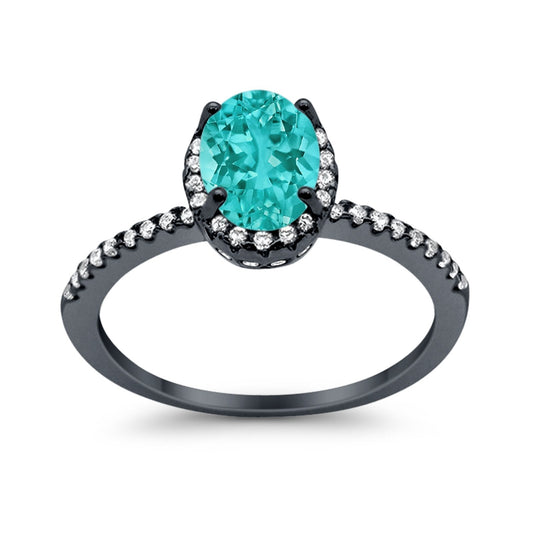 Halo Oval Black Tone, Simulated Paraiba Tourmaline CZ Accent Fashion Ring