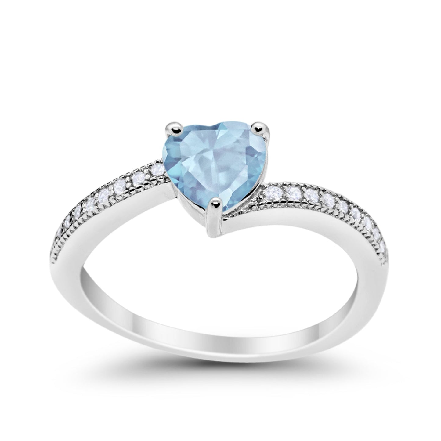 Heart Promise Ring Round Simulated Aquamarine CZ