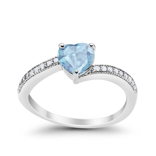 Heart Promise Ring Round Simulated Aquamarine CZ