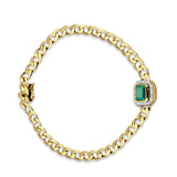 14K Gold 7" Link Chain Cuban Bracelet Green Emerald Cut Halo Diamond