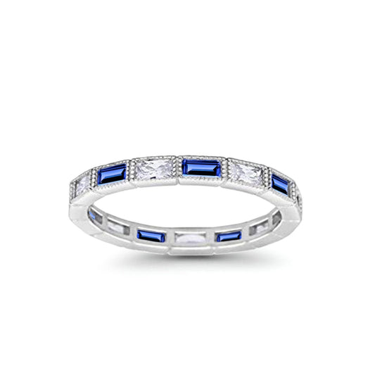 Art Deco Baguette Full Eternity Wedding Band Simulated Blue Sapphire CZ