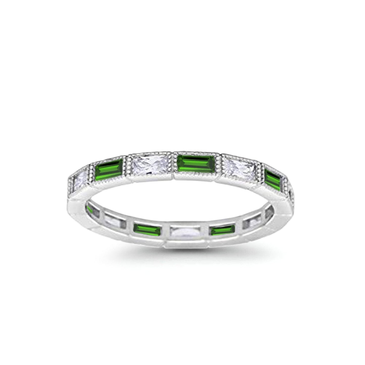 Art Deco Baguette Full Eternity Wedding Band Simulated Green Emerald CZ