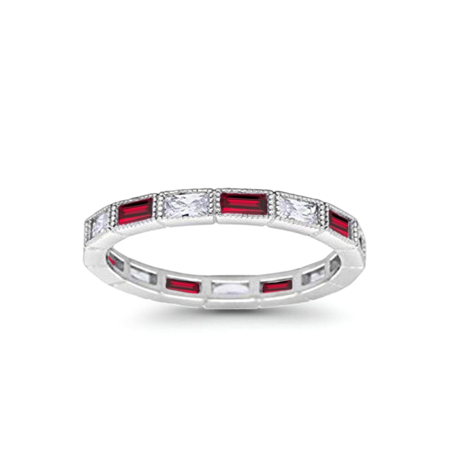 Art Deco Baguette Full Eternity Wedding Band Simulated Ruby CZ