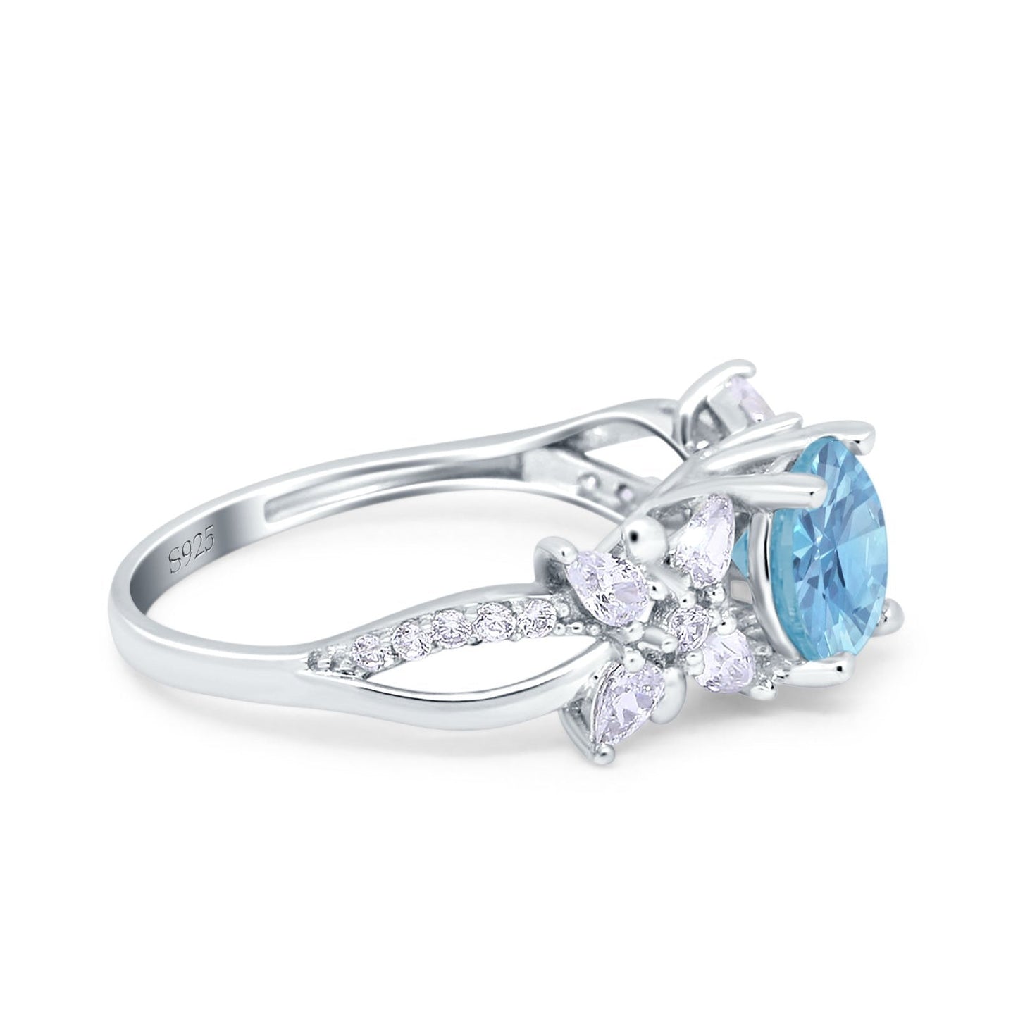 Art Deco Wedding Bridal Ring Round Simulated Aquamarine CZ