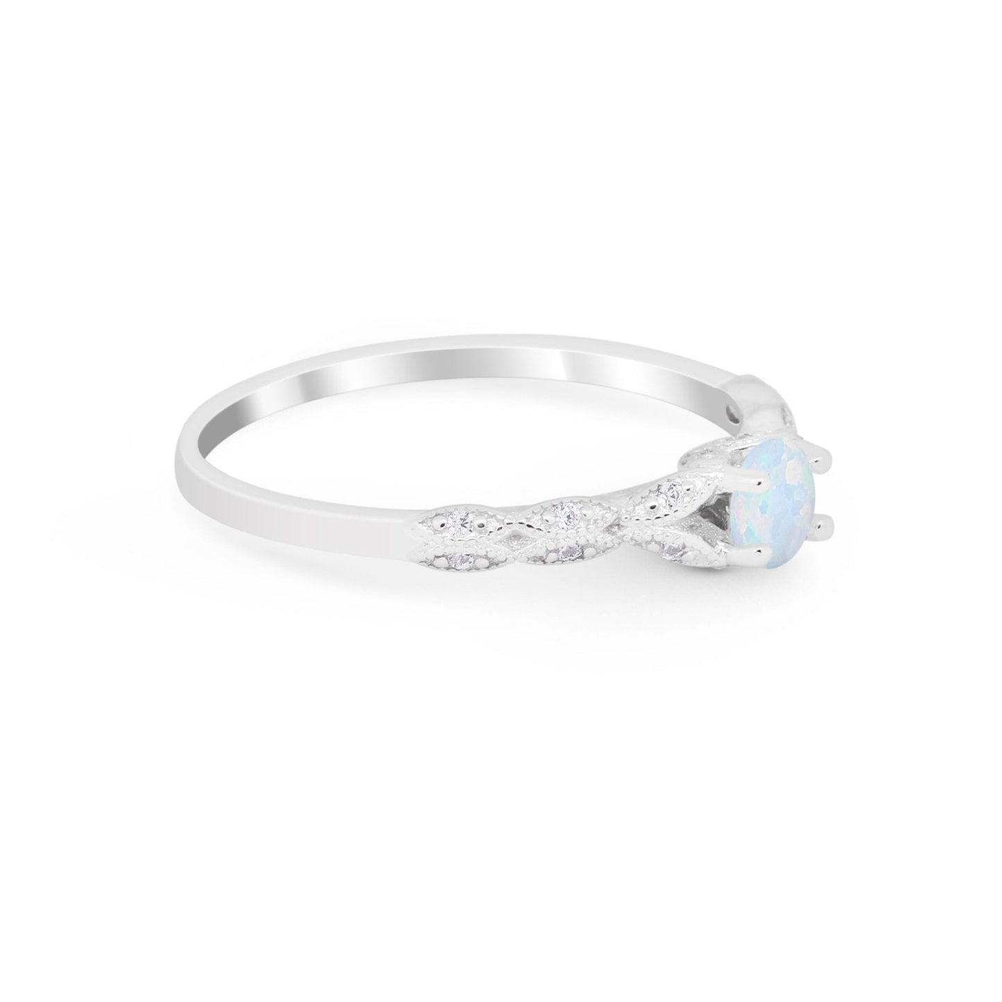 Petite Dainty Round Lab Created White Opal Wedding Ring