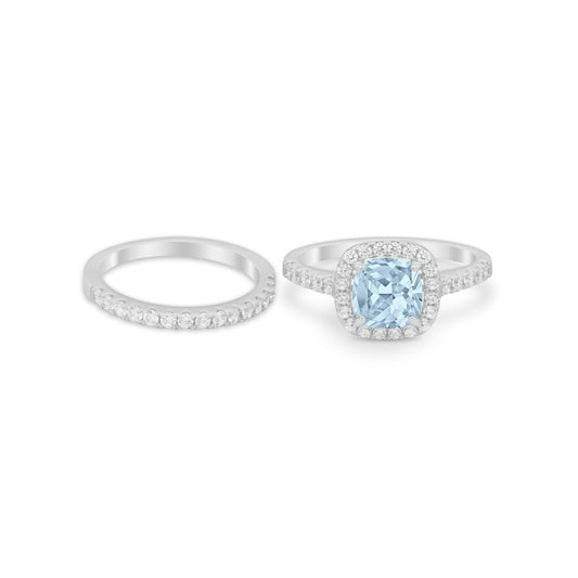 Two Piece Cushion Art Deco Wedding Ring Simulated Aquamarine CZ