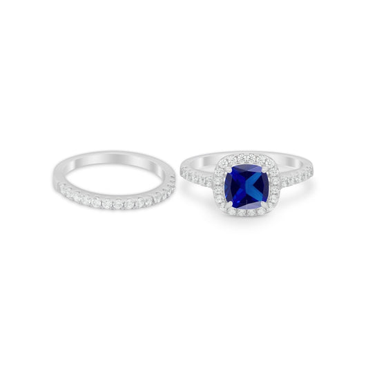 Two Piece Cushion Art Deco Wedding Ring Simulated Blue Sapphire CZ