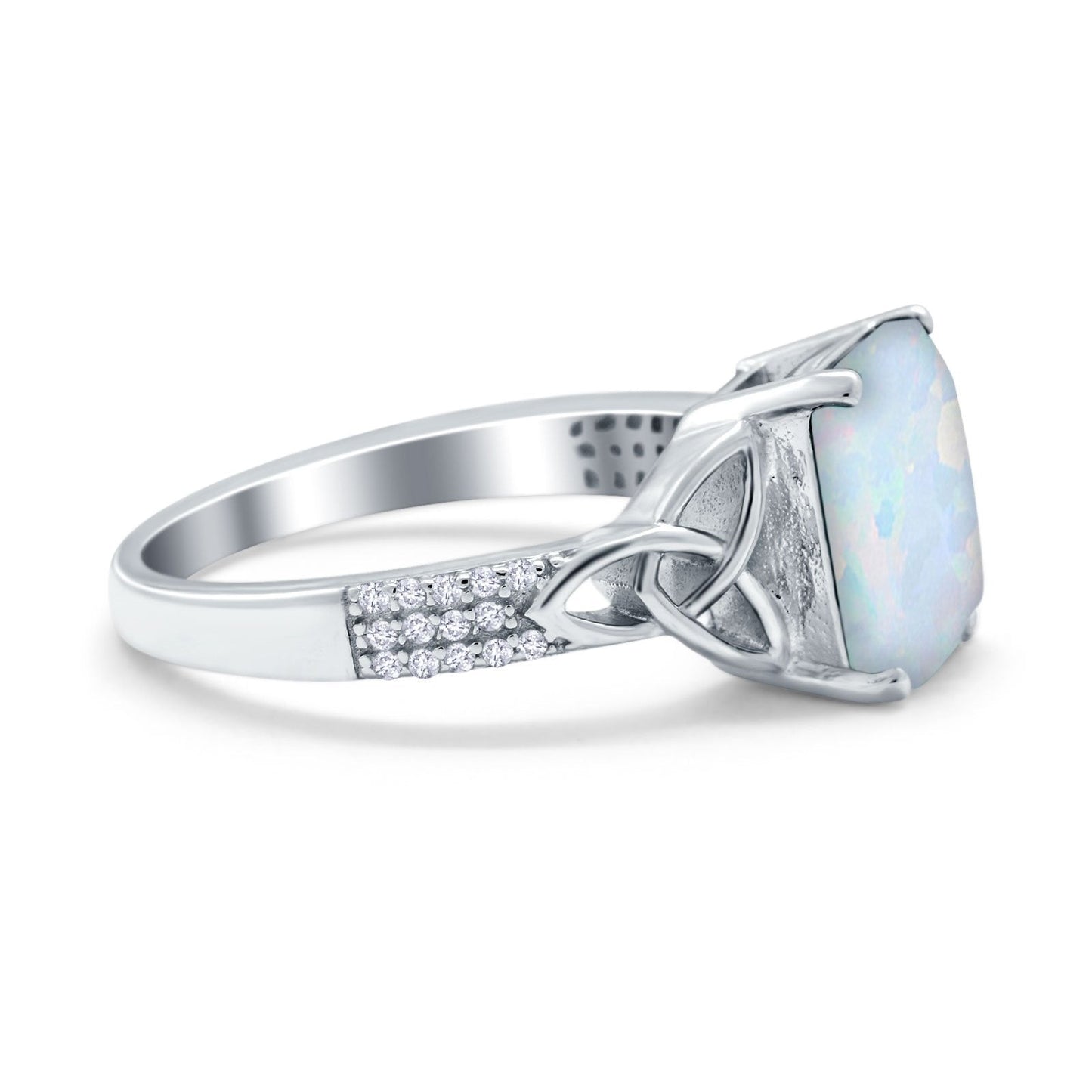 Emerald Cut Celtic Engagement Ring Lab Created White Opal