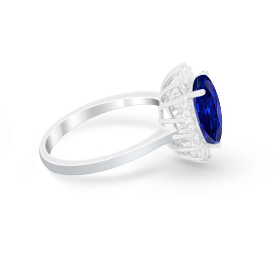 Floral Halo Oval Simulated Blue Sapphire CZ Wedding Ring