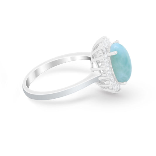 Floral Halo Oval Wedding Engagement  Simulated Larimar CZ Ring