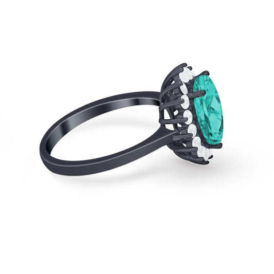 Halo Floral Oval Engagement Bridal Ring Black Tone, Simulated Paraiba Tourmaline CZ