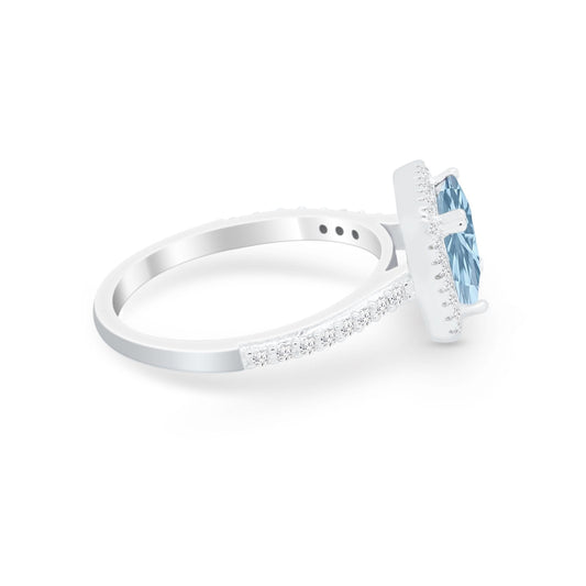 Halo Princess Cut Wedding Ring Simulated Aquamarine CZ