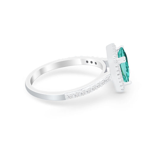 Halo Princess Cut Wedding Ring Simulated Paraiba Tourmaline CZ