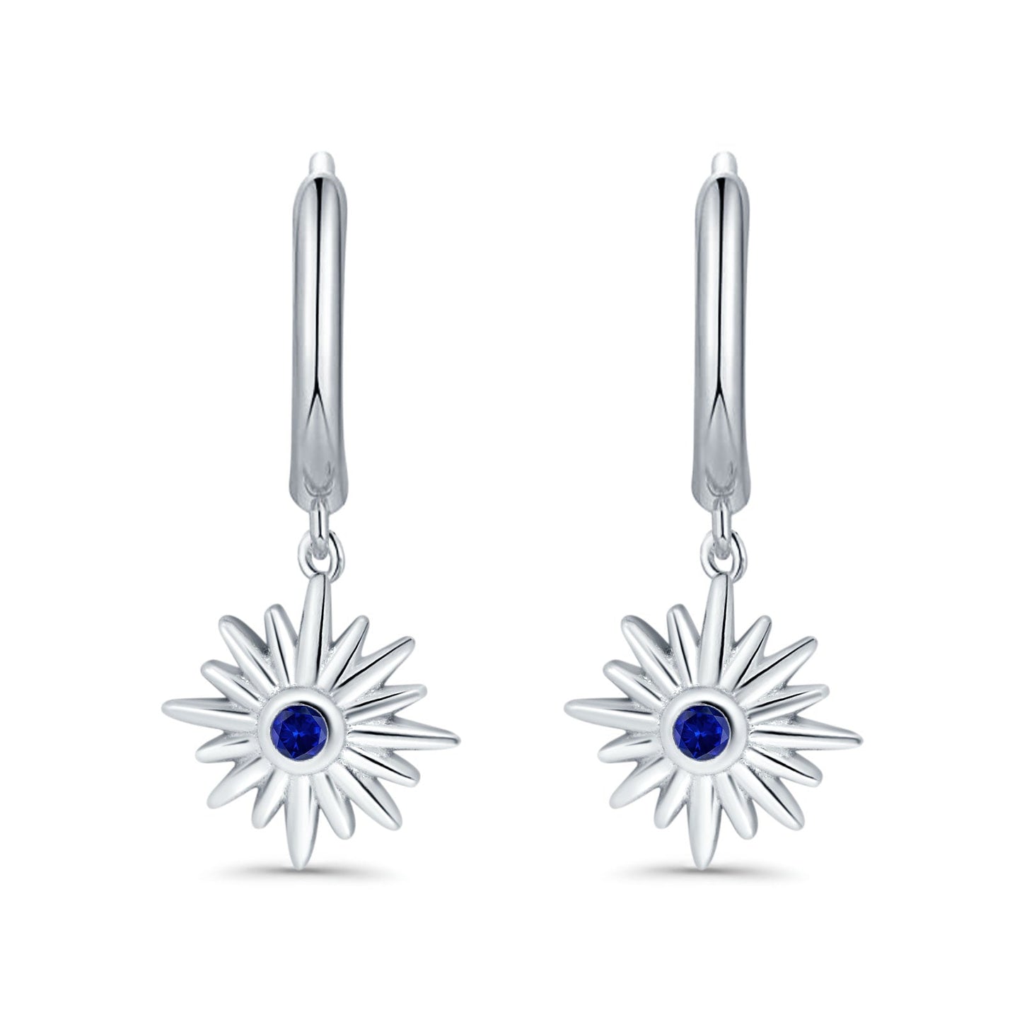 Starburst Hoop Huggie Design Simulated Blue Sapphire CZ LeverBack Earrings