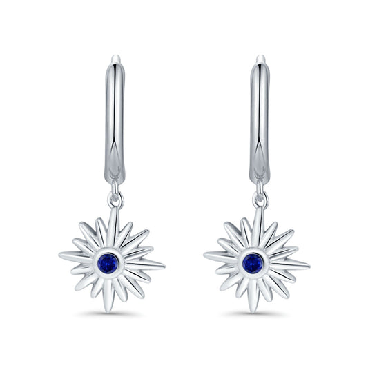 Starburst Hoop Huggie Design Simulated Blue Sapphire CZ LeverBack Earrings