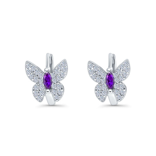 Butterfly Marquise Hoop Huggie Design Simulated Amethyst CZ Lever Back Earrings