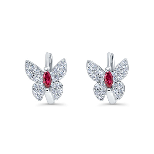 Butterfly Marquise Hoop Huggie Design Simulated Ruby CZ Lever Back Earrings