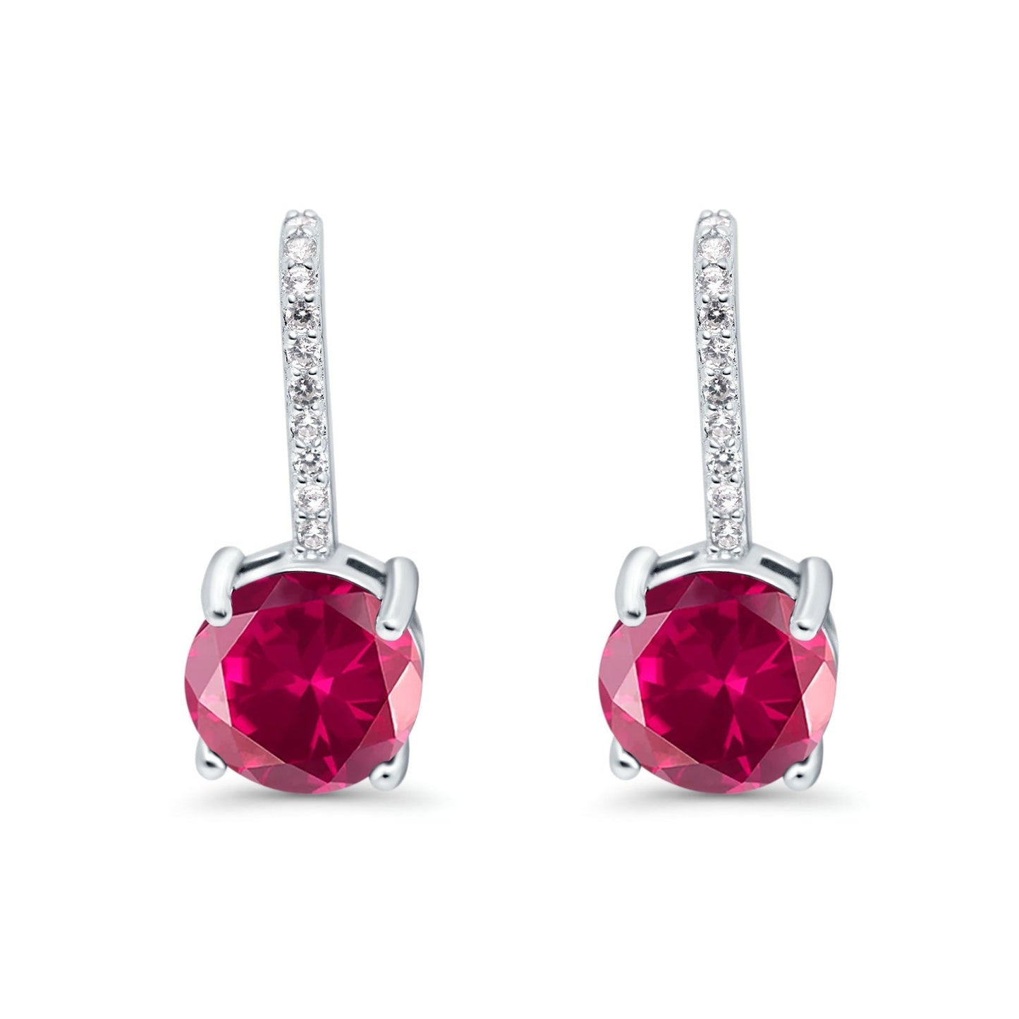 Round Hoop Huggie Design Simulated Ruby CZ LeverBack Earrings