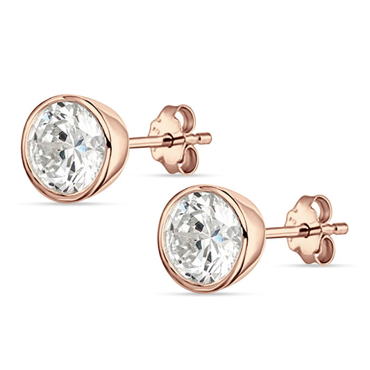 Bezel Set Cubic Zirconia Rose Tone Solitaire Stud Earring