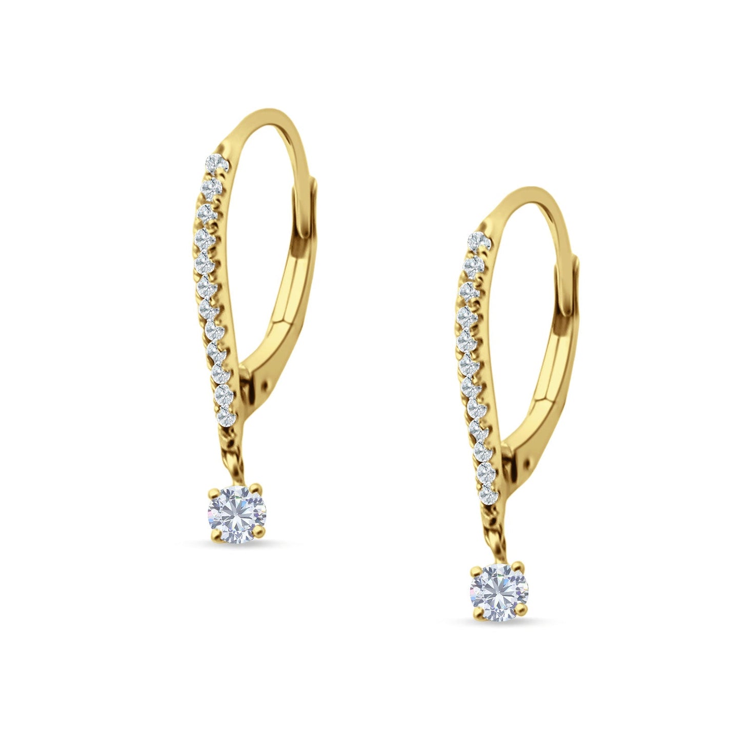 Round CZ Dangle Hoop Leverback Earrings Yellow Tone