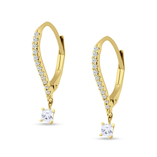 Round & Princess Cut CZ Dangle Hoop Leverback Earrings Yellow Tone