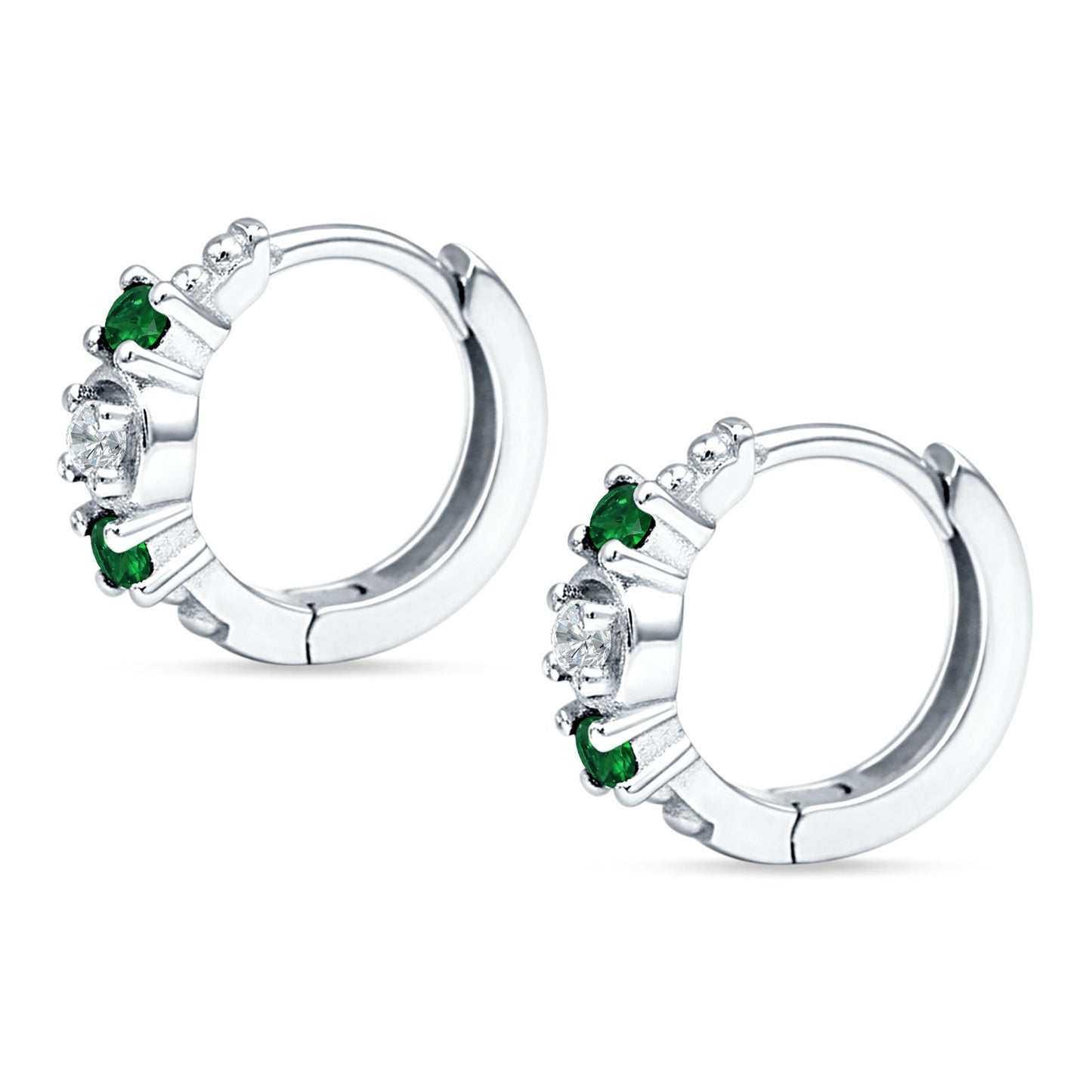 Round CZ & Green Emerald CZ Trio Huggie Hoop Earrings