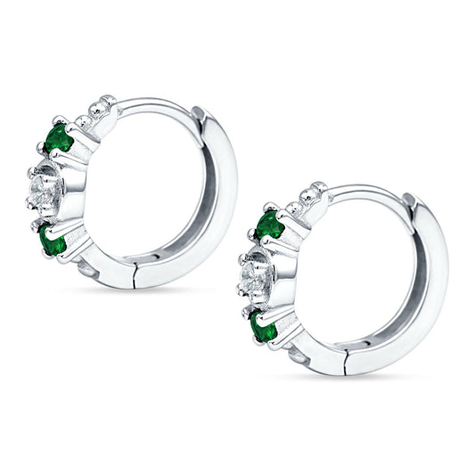 Round CZ & Green Emerald CZ Trio Huggie Hoop Earrings